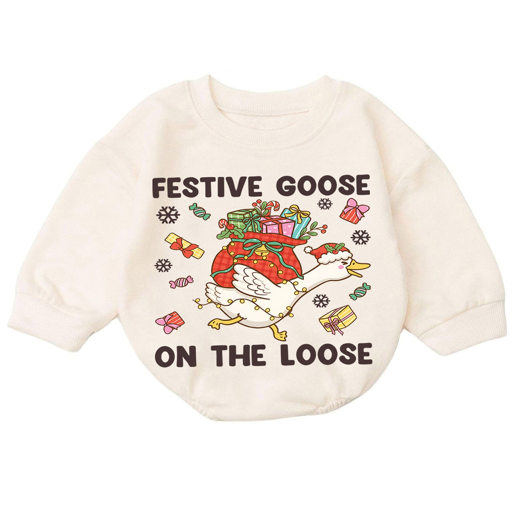 Festive Goose Baby Romper, Funny Christmas Goose Outfit, Holiday Romper for Toddler, Goose on the Loose Baby Xmas Gift — product view 7