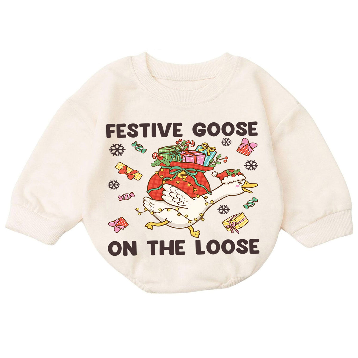 Festive Goose Baby Romper, Funny Christmas Goose Outfit, Holiday Romper for Toddler, Goose on the Loose Baby Xmas Gift — product view 7