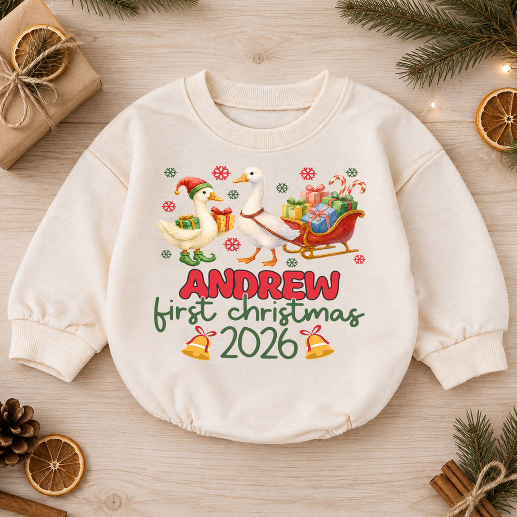 My First Christmas 2026 Baby Romper, Personalized Name Goose Sleigh Holiday Outfit, Custom 1st Christmas Keepsake Gift for Baby — product view 1