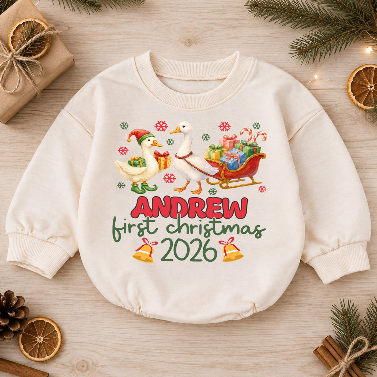 My First Christmas 2026 Baby Romper, Personalized Name Goose Sleigh Holiday Outfit, Custom 1st Christmas Keepsake Gift for Baby — product view 1