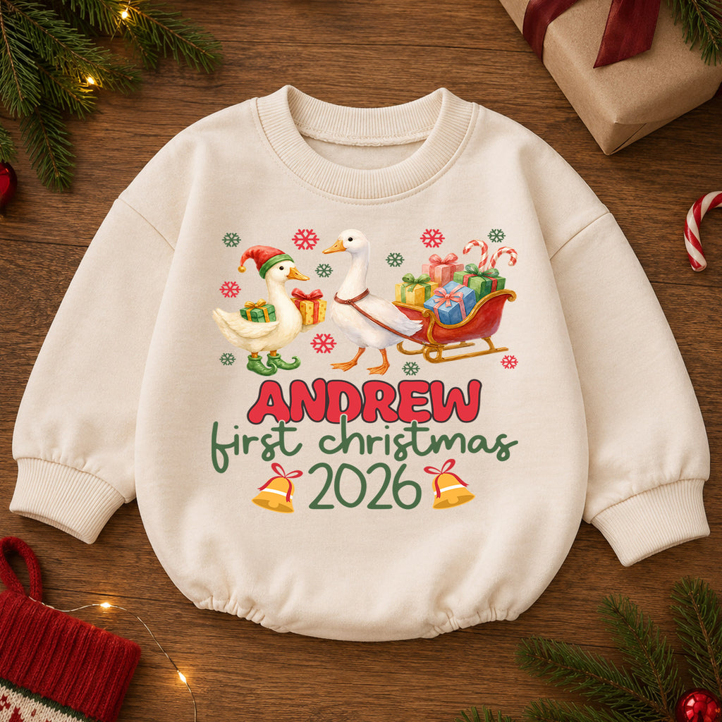 My First Christmas 2026 Baby Romper, Personalized Name Goose Sleigh Holiday Outfit, Custom 1st Christmas Keepsake Gift for Baby — product view 2