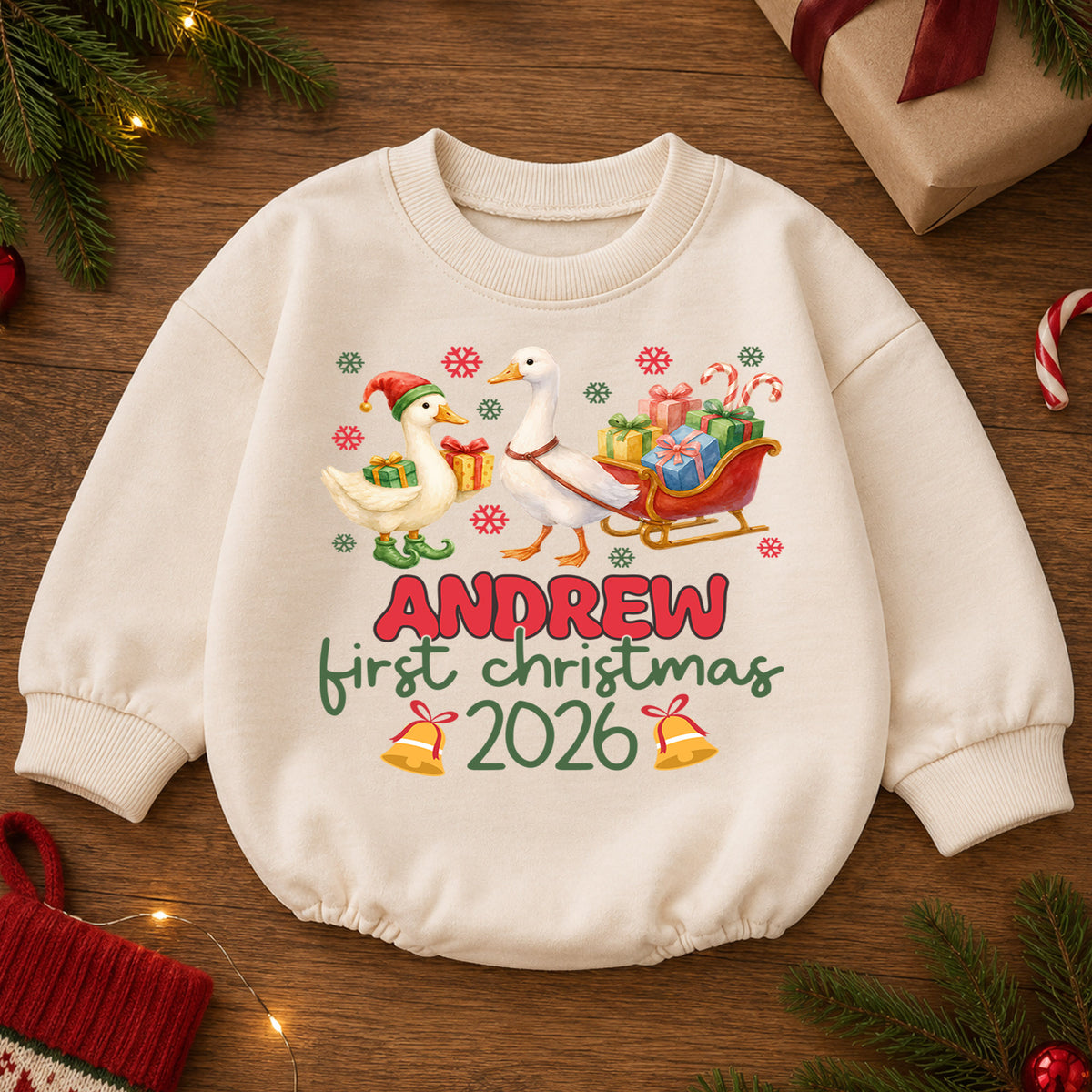 My First Christmas 2026 Baby Romper, Personalized Name Goose Sleigh Holiday Outfit, Custom 1st Christmas Keepsake Gift for Baby — product view 2