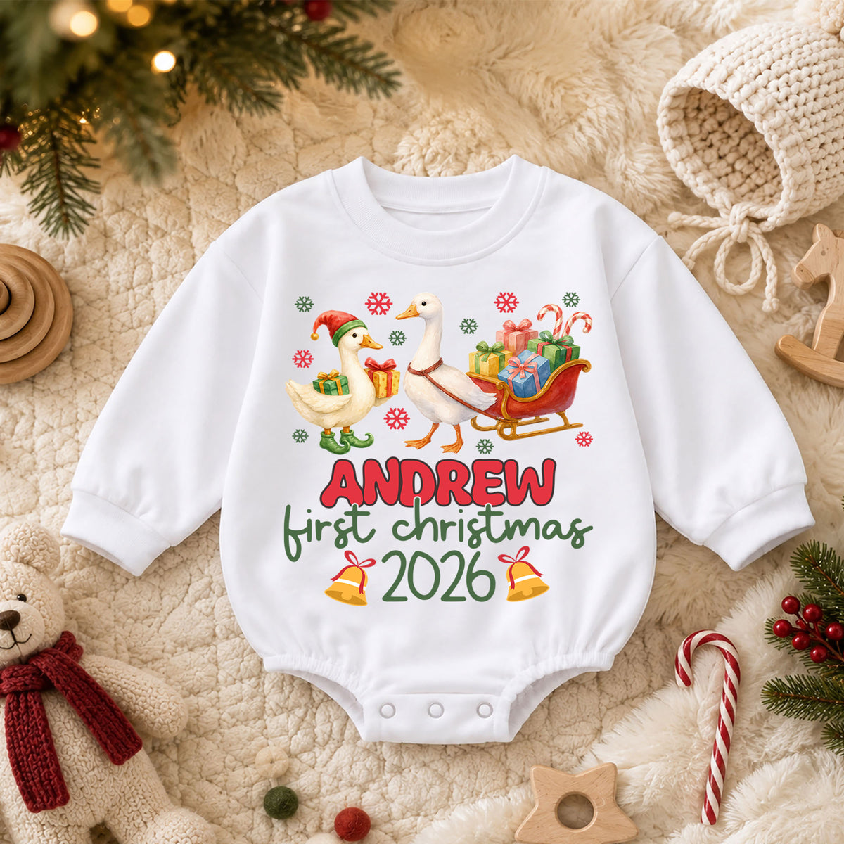 My First Christmas 2026 Baby Romper, Personalized Name Goose Sleigh Holiday Outfit, Custom 1st Christmas Keepsake Gift for Baby — product view 3