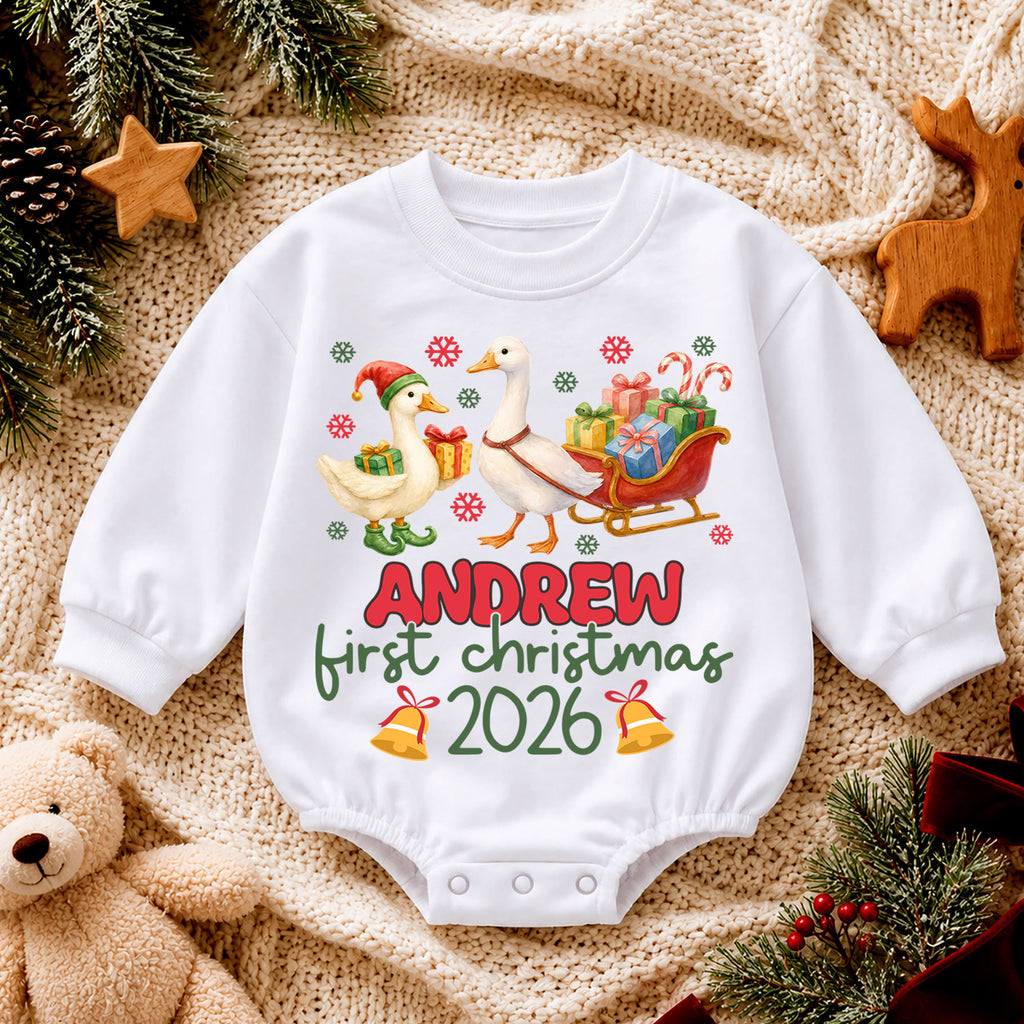 My First Christmas 2026 Baby Romper, Personalized Name Goose Sleigh Holiday Outfit, Custom 1st Christmas Keepsake Gift for Baby — product view 4