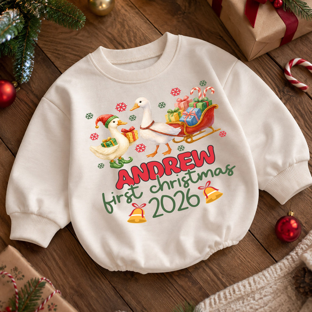 My First Christmas 2026 Baby Romper, Personalized Name Goose Sleigh Holiday Outfit, Custom 1st Christmas Keepsake Gift for Baby — product view 5