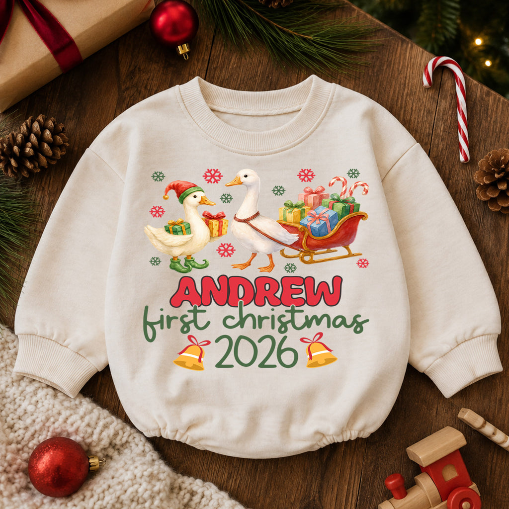 My First Christmas 2026 Baby Romper, Personalized Name Goose Sleigh Holiday Outfit, Custom 1st Christmas Keepsake Gift for Baby — product view 6