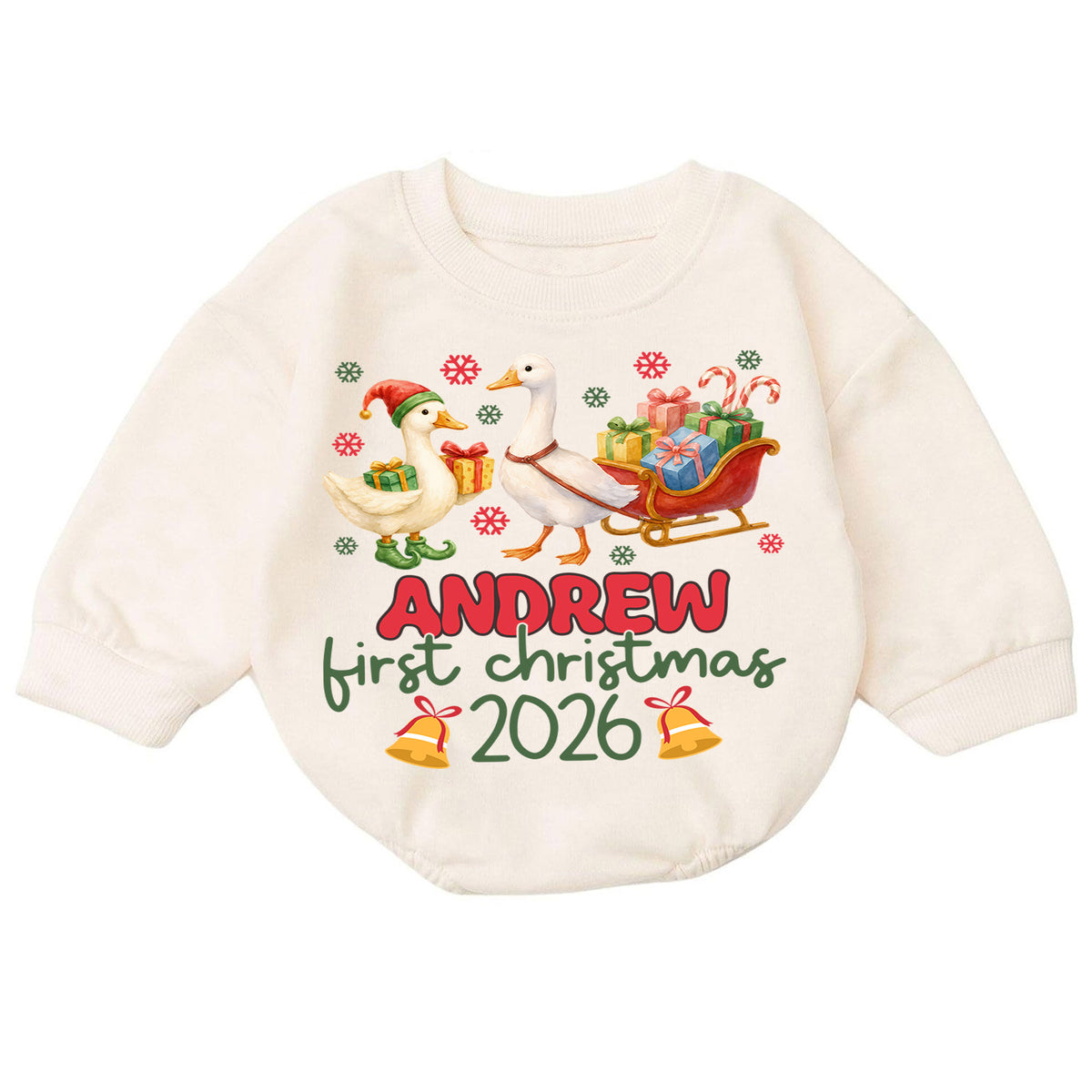 My First Christmas 2026 Baby Romper, Personalized Name Goose Sleigh Holiday Outfit, Custom 1st Christmas Keepsake Gift for Baby — product view 7