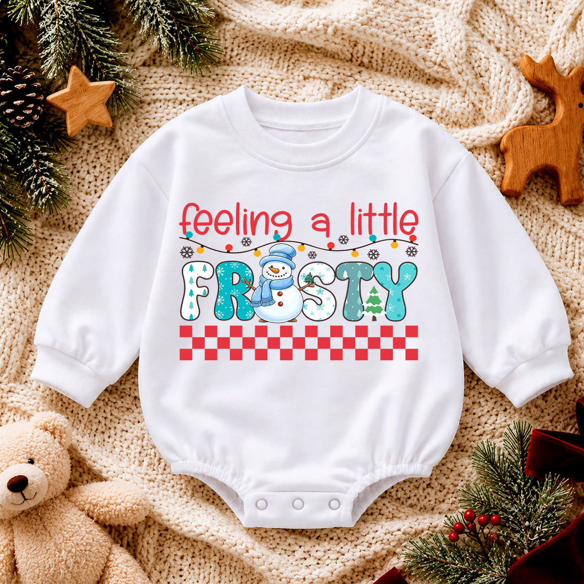 Feeling A Little Frosty Romper, Snowman Christmas Baby Romper, Toddler Winter Holiday Romper, Cute Christmas Outfit Gift — product view 4