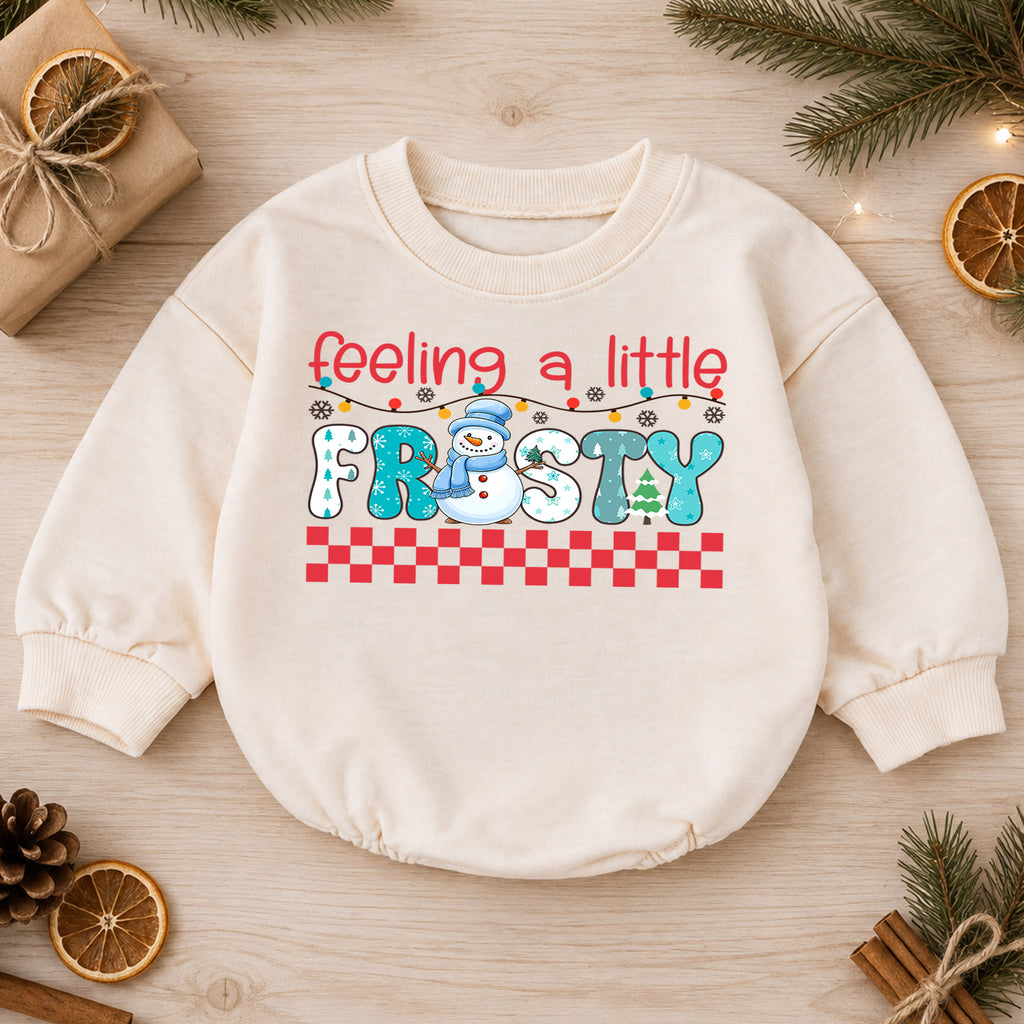 Feeling a Little Frosty Baby Romper, Cute Snowman 1st Christmas Outfit, Winter 1st Birthday Holiday Romper, Christmas Photo Gift — product view 1