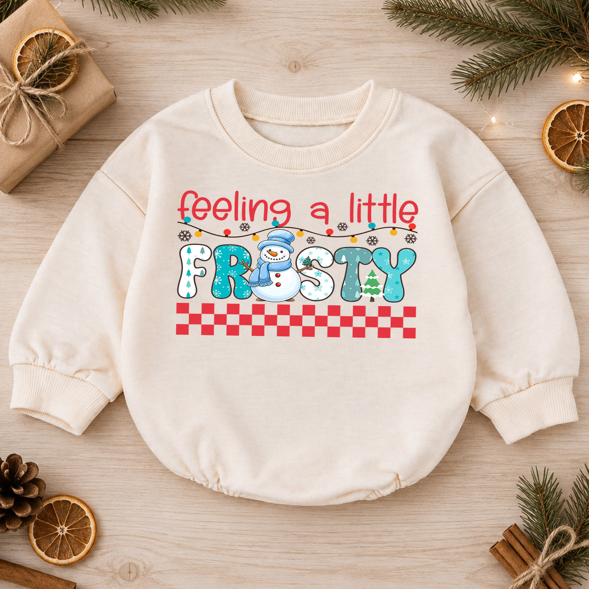 Feeling a Little Frosty Baby Romper, Cute Snowman 1st Christmas Outfit, Winter 1st Birthday Holiday Romper, Christmas Photo Gift — product view 1