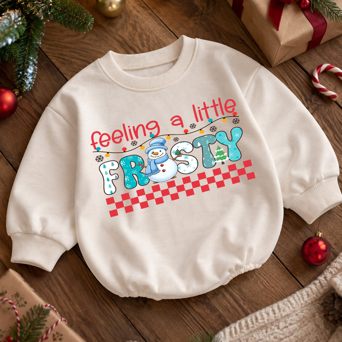 Feeling a Little Frosty Baby Romper, Cute Snowman 1st Christmas Outfit, Winter 1st Birthday Holiday Romper, Christmas Photo Gift — product view 5