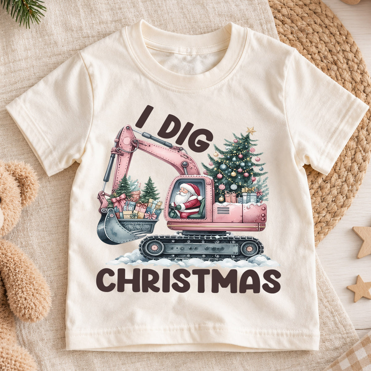 I Dig Christmas Kids Shirt, Pink Excavator Santa Tee, Construction Christmas Outfit for Toddler, Digger Lover Holiday Gift for Kids — product view 1