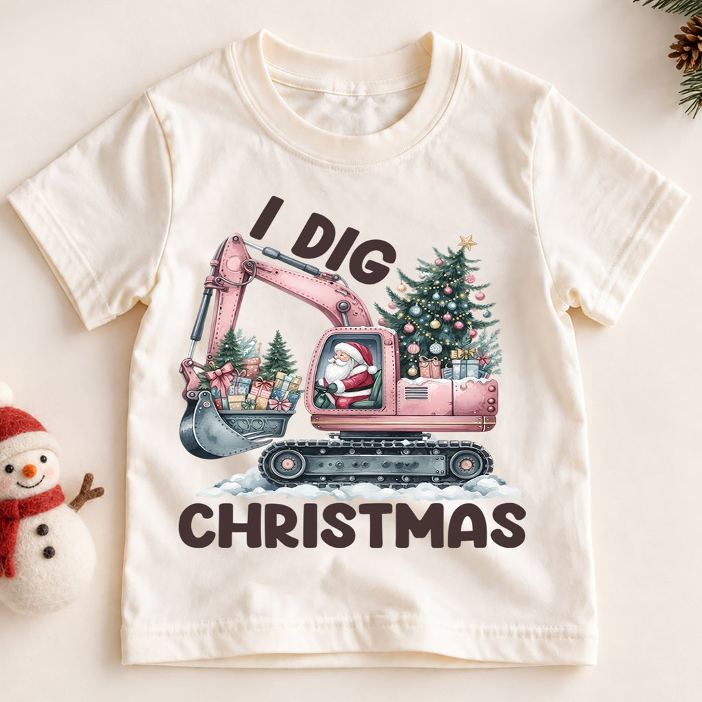 I Dig Christmas Kids Shirt, Pink Excavator Santa Tee, Construction Christmas Outfit for Toddler, Digger Lover Holiday Gift for Kids — product view 2