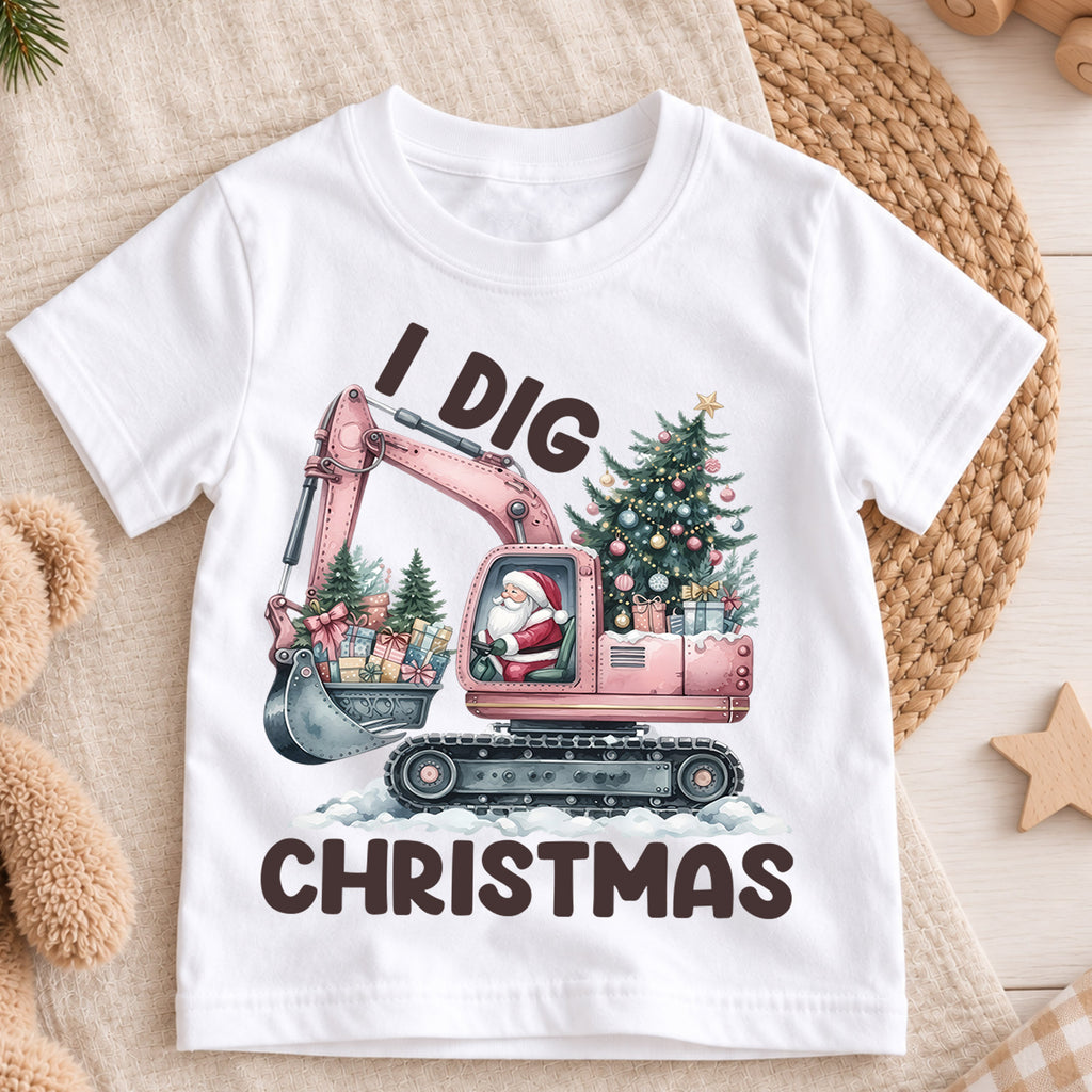I Dig Christmas Kids Shirt, Pink Excavator Santa Tee, Construction Christmas Outfit for Toddler, Digger Lover Holiday Gift for Kids — product view 3