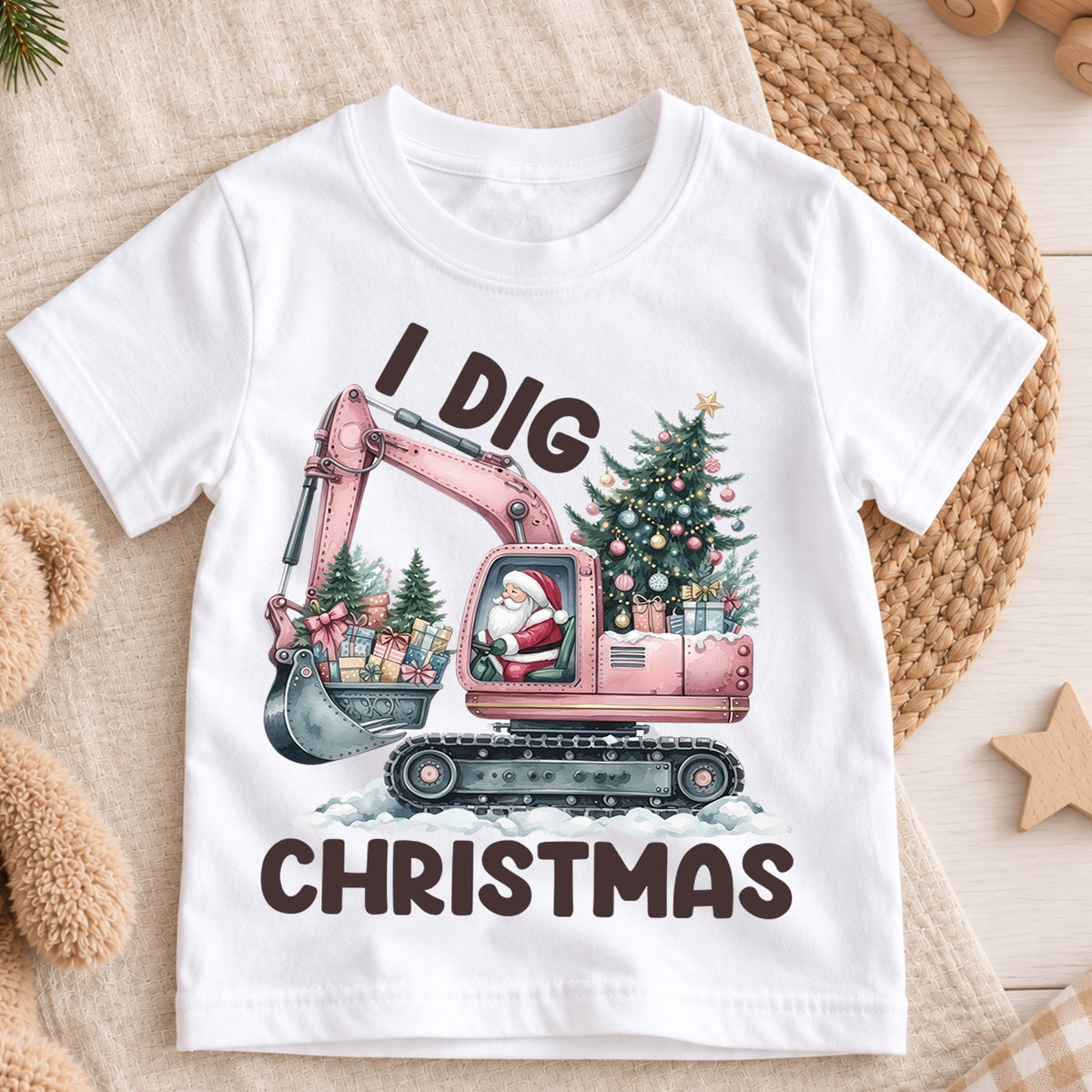 I Dig Christmas Kids Shirt, Pink Excavator Santa Tee, Construction Christmas Outfit for Toddler, Digger Lover Holiday Gift for Kids — product view 3