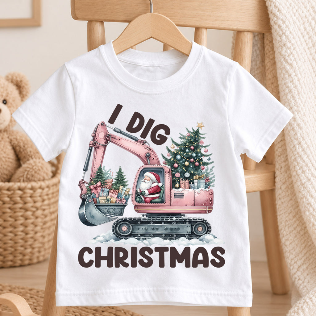 I Dig Christmas Kids Shirt, Pink Excavator Santa Tee, Construction Christmas Outfit for Toddler, Digger Lover Holiday Gift for Kids — product view 4