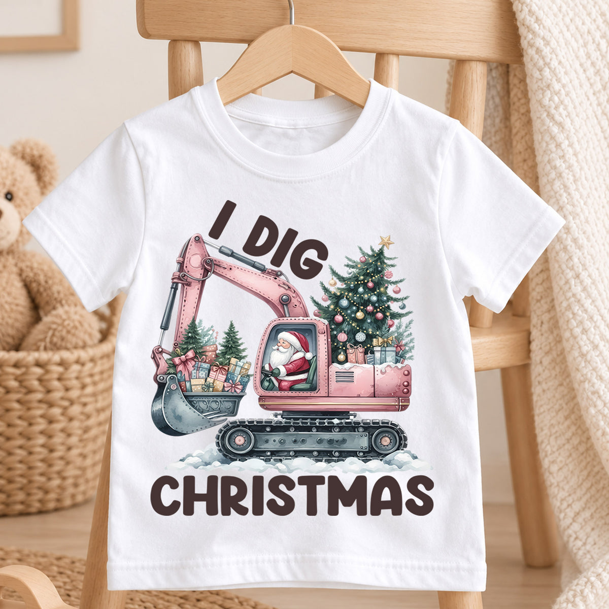 I Dig Christmas Kids Shirt, Pink Excavator Santa Tee, Construction Christmas Outfit for Toddler, Digger Lover Holiday Gift for Kids — product view 4