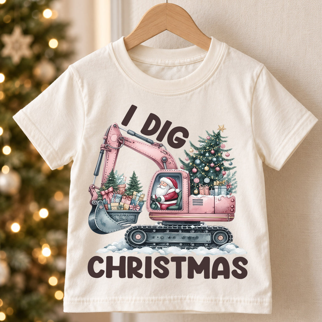 I Dig Christmas Kids Shirt, Pink Excavator Santa Tee, Construction Christmas Outfit for Toddler, Digger Lover Holiday Gift for Kids — product view 5