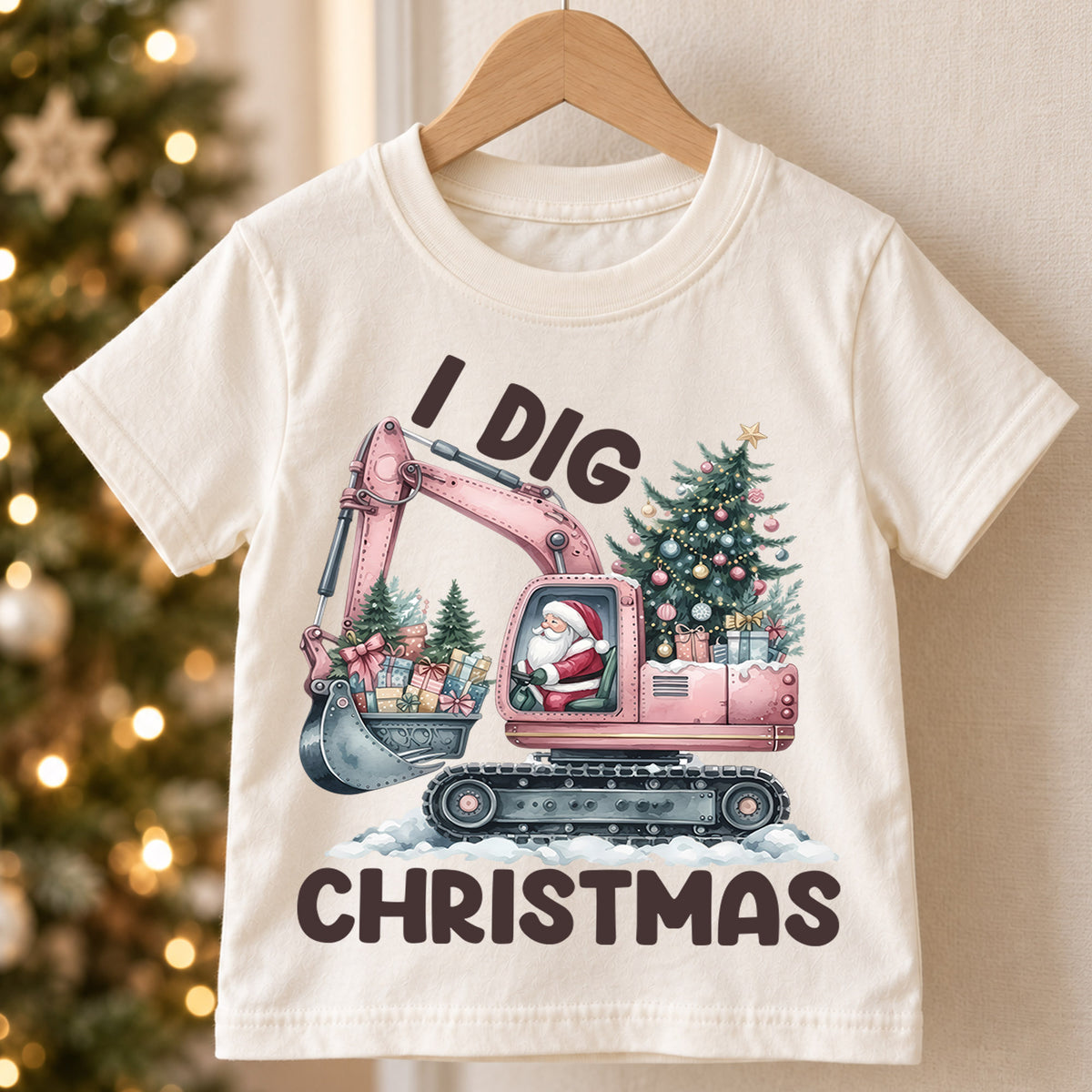 I Dig Christmas Kids Shirt, Pink Excavator Santa Tee, Construction Christmas Outfit for Toddler, Digger Lover Holiday Gift for Kids — product view 5