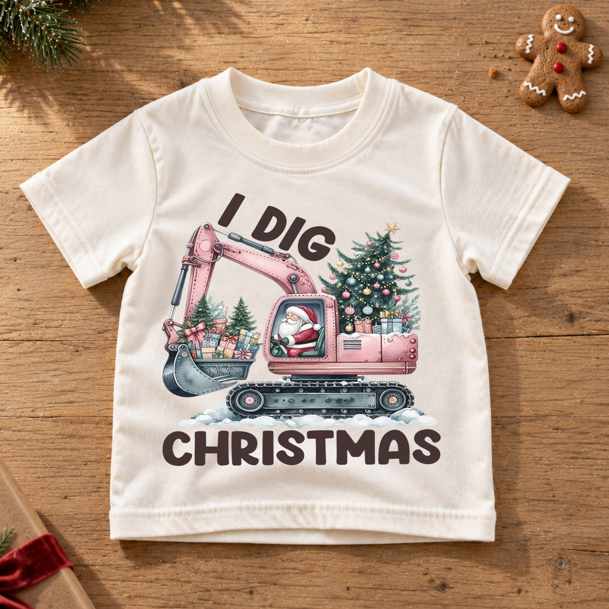 I Dig Christmas Kids Shirt, Pink Excavator Santa Tee, Construction Christmas Outfit for Toddler, Digger Lover Holiday Gift for Kids — product view 6
