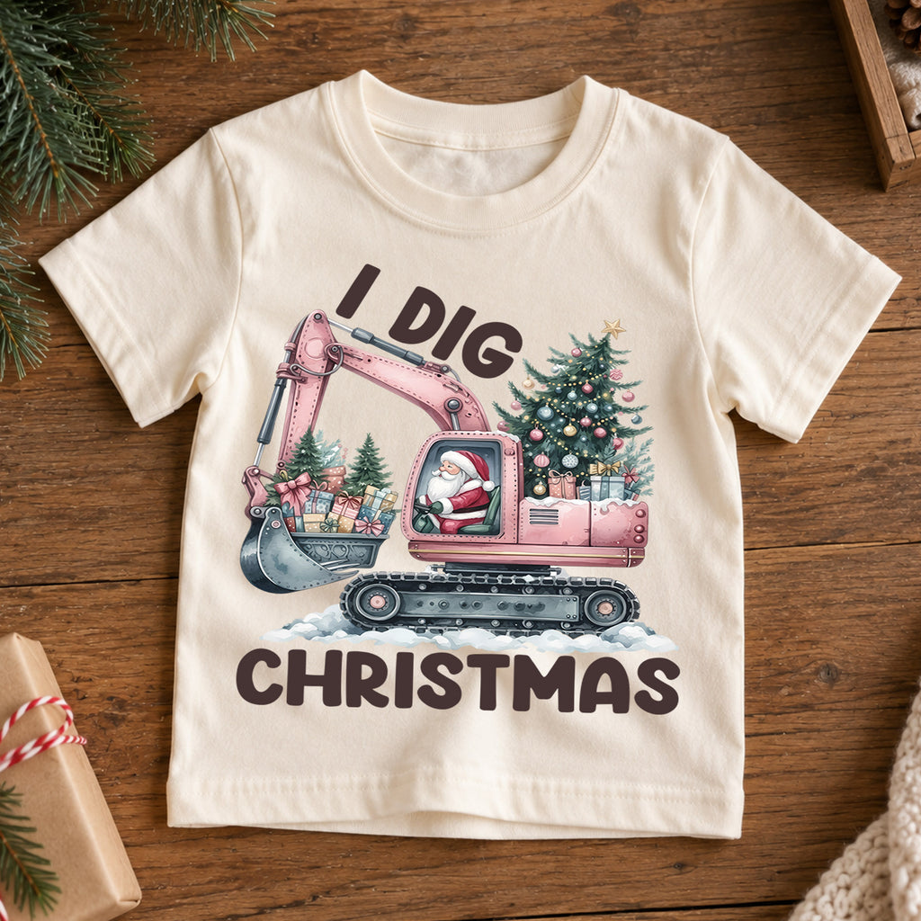 I Dig Christmas Kids Shirt, Pink Excavator Santa Tee, Construction Christmas Outfit for Toddler, Digger Lover Holiday Gift for Kids — product view 7