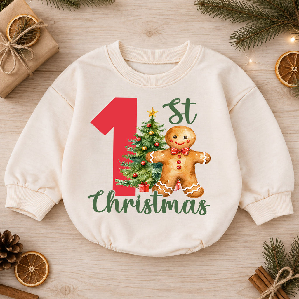 1st Christmas Baby Romper, Gingerbread Man Christmas Tree Holiday Outfit, First Birthday Season Toddler Romper, Cute Xmas Gift — product view 1