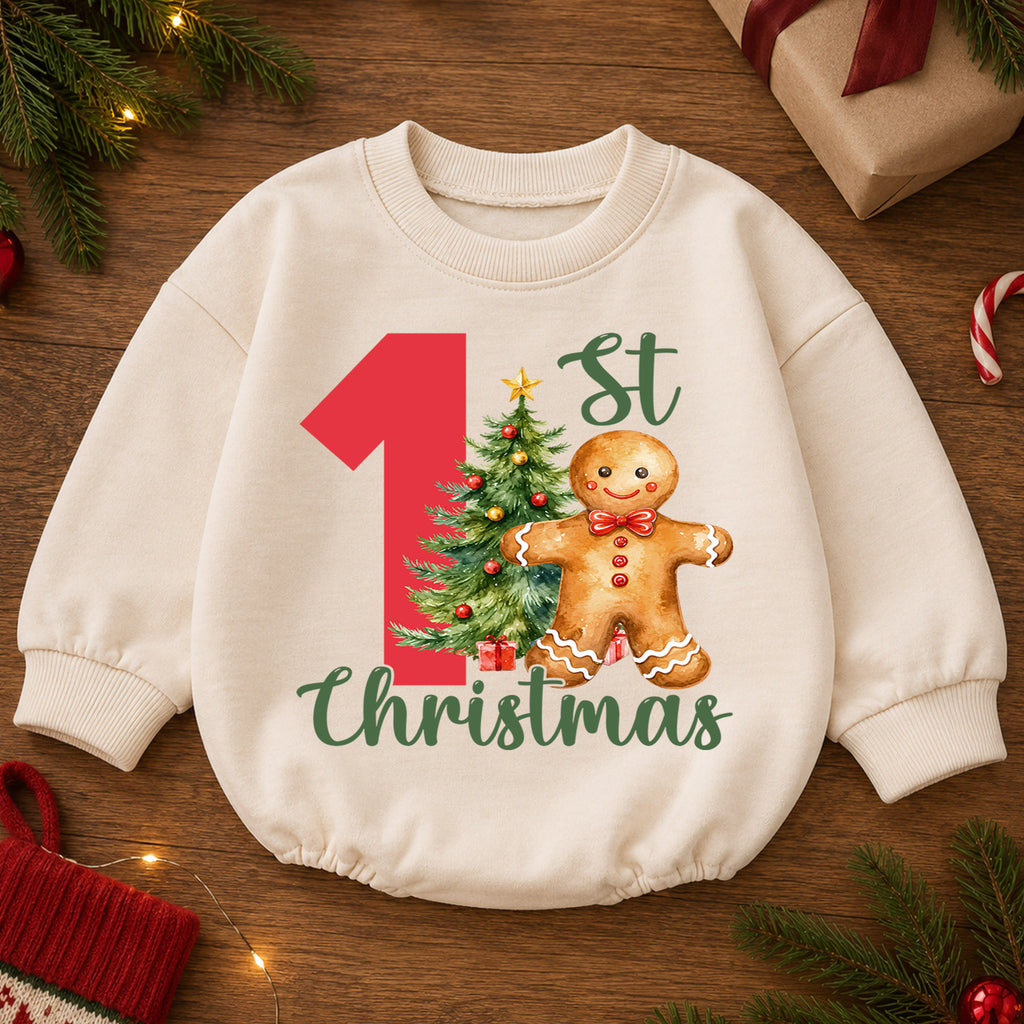 1st Christmas Baby Romper, Gingerbread Man Christmas Tree Holiday Outfit, First Birthday Season Toddler Romper, Cute Xmas Gift — product view 2
