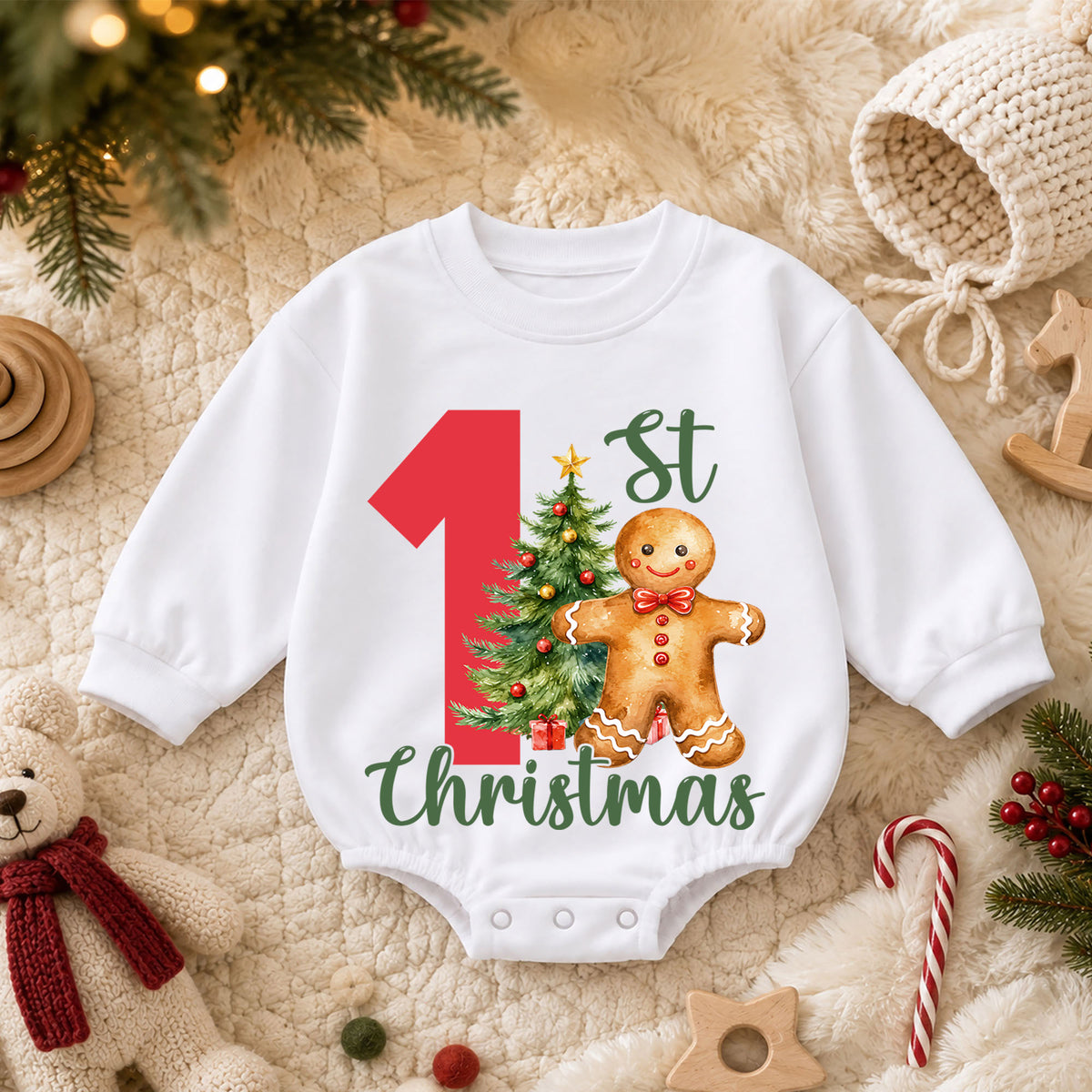 1st Christmas Baby Romper, Gingerbread Man Christmas Tree Holiday Outfit, First Birthday Season Toddler Romper, Cute Xmas Gift — product view 3