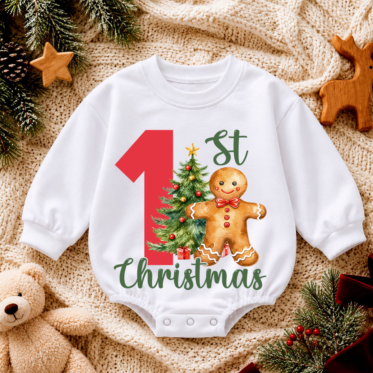 1st Christmas Baby Romper, Gingerbread Man Christmas Tree Holiday Outfit, First Birthday Season Toddler Romper, Cute Xmas Gift — product view 4