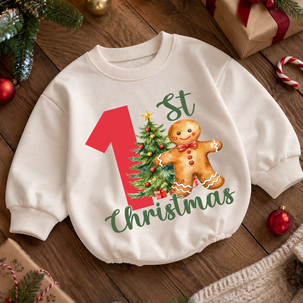 1st Christmas Baby Romper, Gingerbread Man Christmas Tree Holiday Outfit, First Birthday Season Toddler Romper, Cute Xmas Gift — product view 5