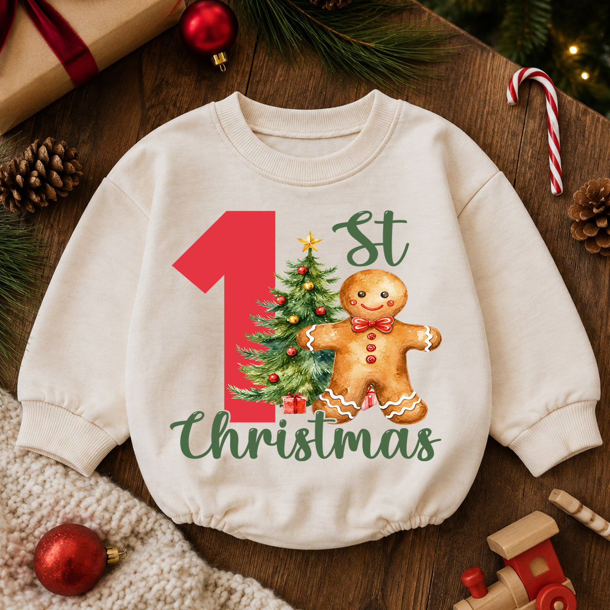 1st Christmas Baby Romper, Gingerbread Man Christmas Tree Holiday Outfit, First Birthday Season Toddler Romper, Cute Xmas Gift — product view 6