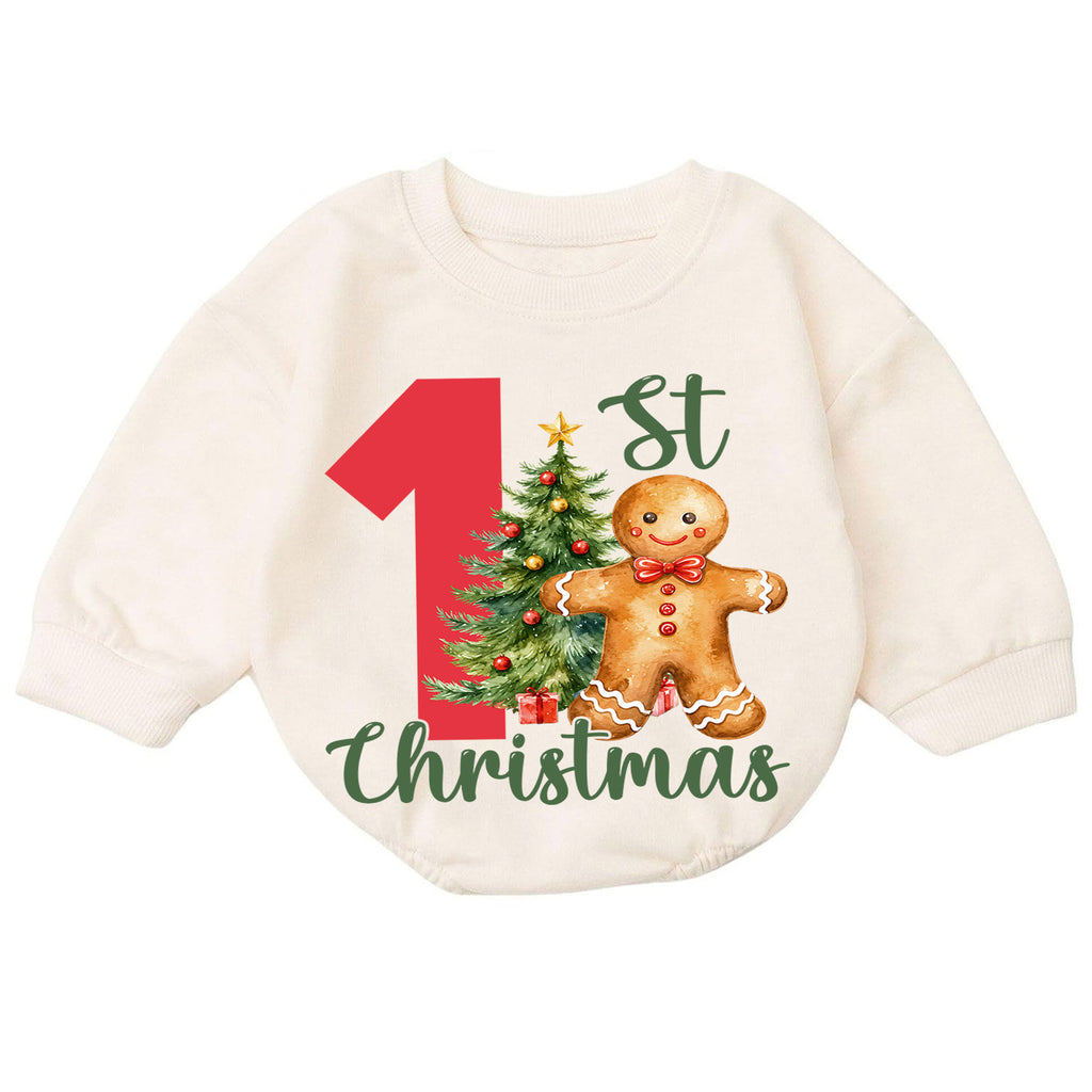 1st Christmas Baby Romper, Gingerbread Man Christmas Tree Holiday Outfit, First Birthday Season Toddler Romper, Cute Xmas Gift — product view 7