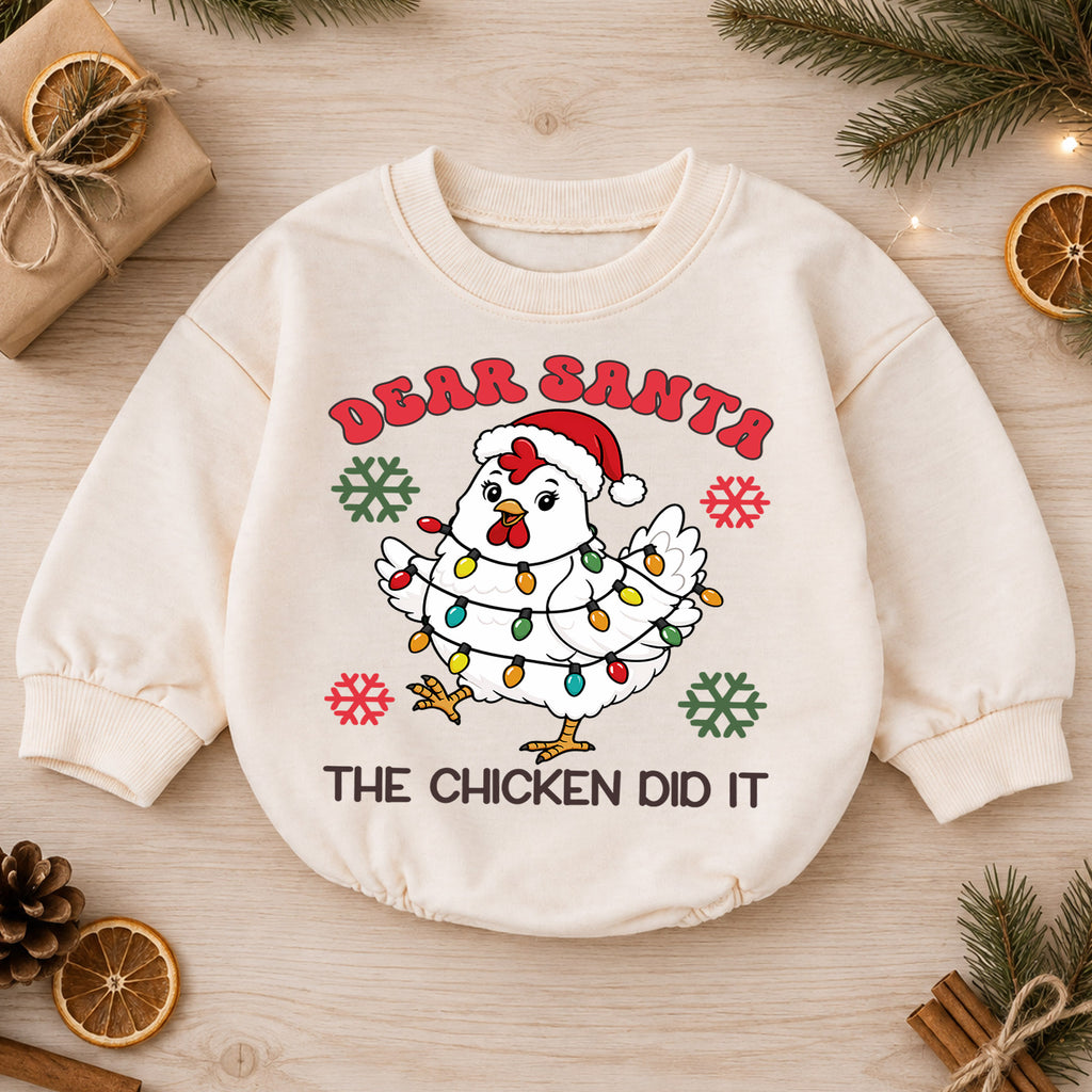 Dear Santa The Chicken Did It Romper, Funny Farm Christmas Baby Outfit, 1st Birthday Romper, Baby 1st Christmas Holiday Gift — product view 1