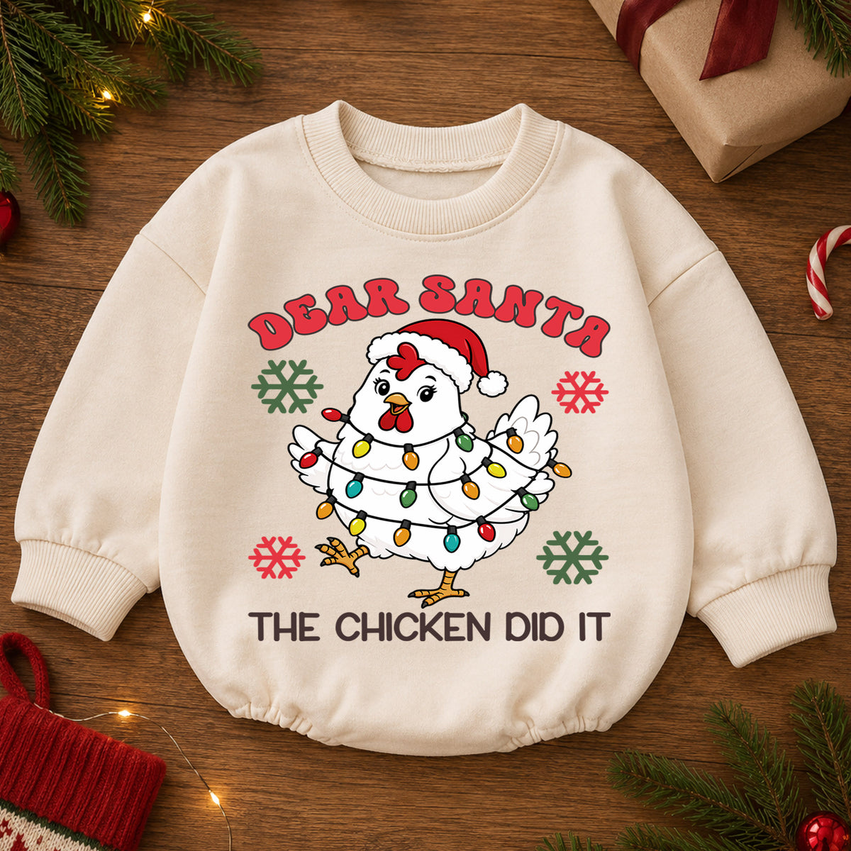Dear Santa The Chicken Did It Romper, Funny Farm Christmas Baby Outfit, 1st Birthday Romper, Baby 1st Christmas Holiday Gift — product view 2