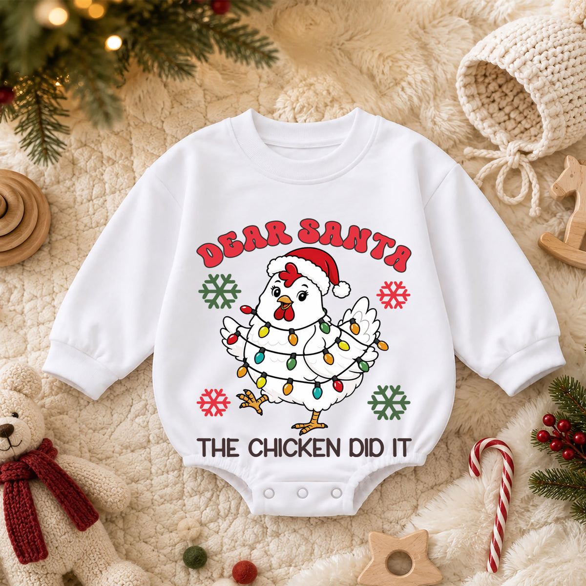Dear Santa The Chicken Did It Romper, Funny Farm Christmas Baby Outfit, 1st Birthday Romper, Baby 1st Christmas Holiday Gift — product view 3