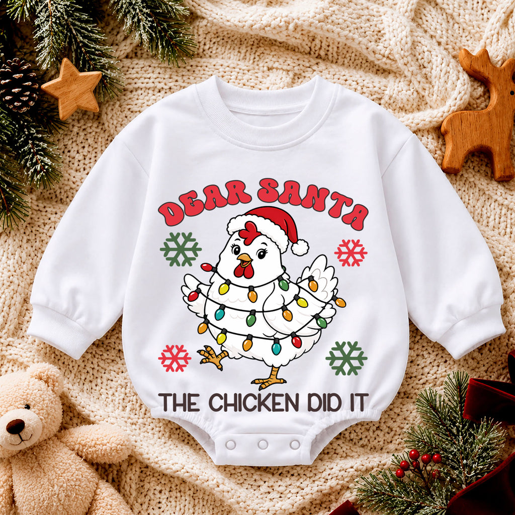 Dear Santa The Chicken Did It Romper, Funny Farm Christmas Baby Outfit, 1st Birthday Romper, Baby 1st Christmas Holiday Gift — product view 4