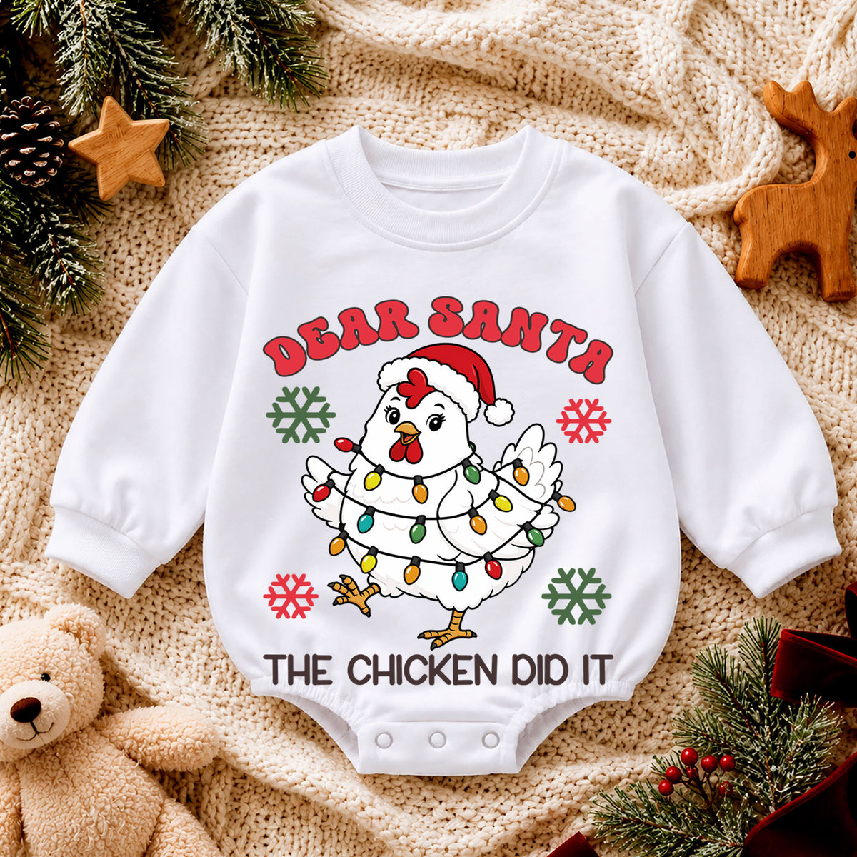 Dear Santa The Chicken Did It Romper, Funny Farm Christmas Baby Outfit, 1st Birthday Romper, Baby 1st Christmas Holiday Gift — product view 4