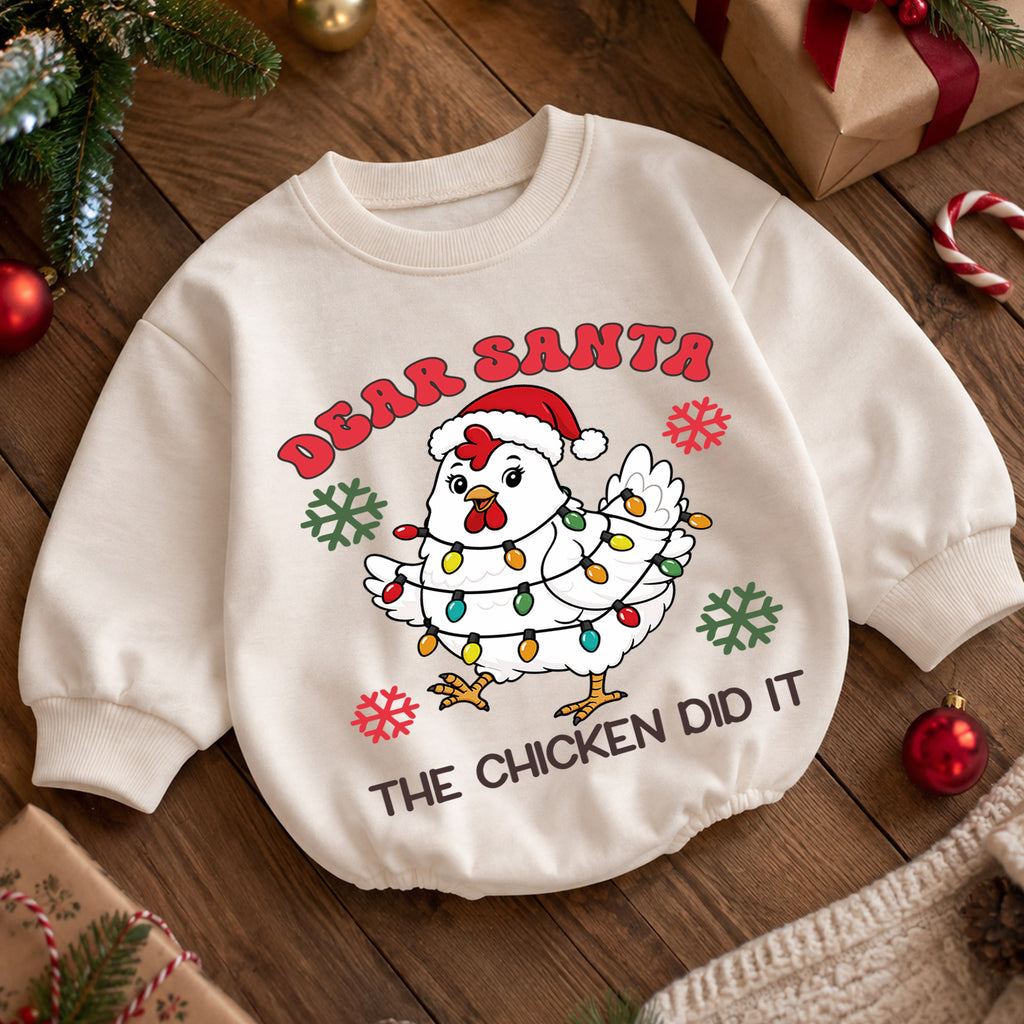 Dear Santa The Chicken Did It Romper, Funny Farm Christmas Baby Outfit, 1st Birthday Romper, Baby 1st Christmas Holiday Gift — product view 5