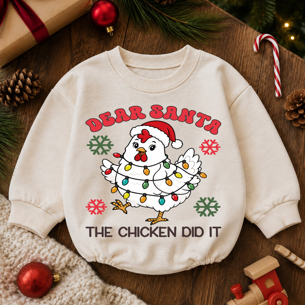 Dear Santa The Chicken Did It Romper, Funny Farm Christmas Baby Outfit, 1st Birthday Romper, Baby 1st Christmas Holiday Gift — product view 6