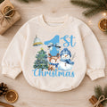 Blue 1st Christmas Baby Romper, Snowman Reindeer Christmas Tree Holiday Outfit, Winter Toddler Romper, Cute First Xmas Gift — product view 1
