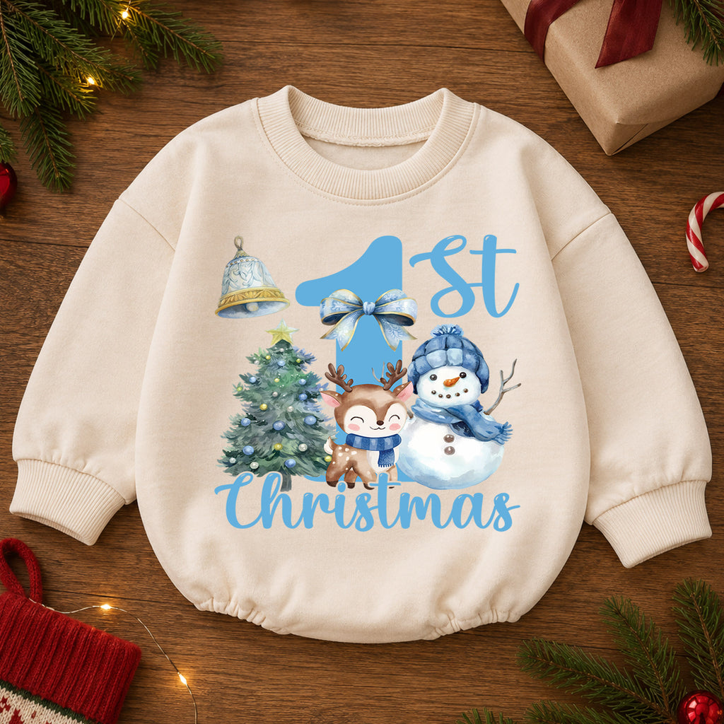 Blue 1st Christmas Baby Romper, Snowman Reindeer Christmas Tree Holiday Outfit, Winter Toddler Romper, Cute First Xmas Gift — product view 2