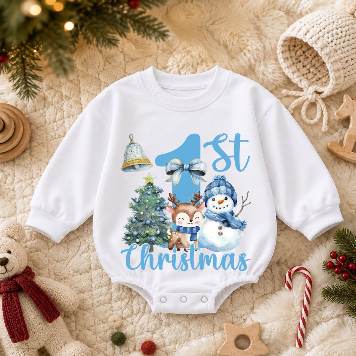 Blue 1st Christmas Baby Romper, Snowman Reindeer Christmas Tree Holiday Outfit, Winter Toddler Romper, Cute First Xmas Gift — product view 3