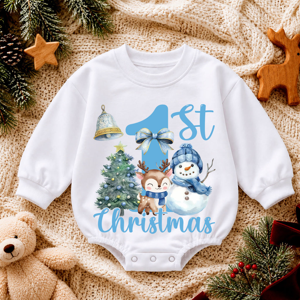 Blue 1st Christmas Baby Romper, Snowman Reindeer Christmas Tree Holiday Outfit, Winter Toddler Romper, Cute First Xmas Gift — product view 4