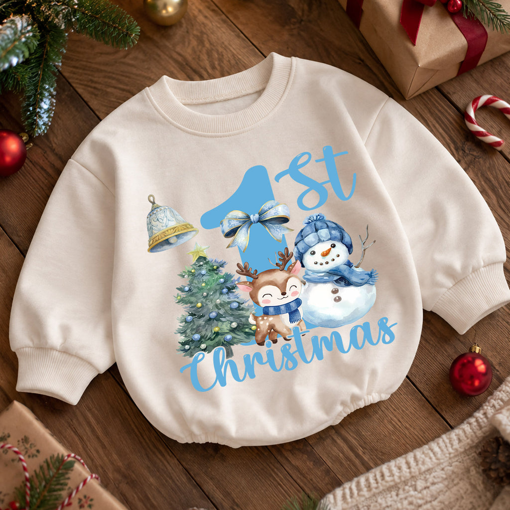 Blue 1st Christmas Baby Romper, Snowman Reindeer Christmas Tree Holiday Outfit, Winter Toddler Romper, Cute First Xmas Gift — product view 5