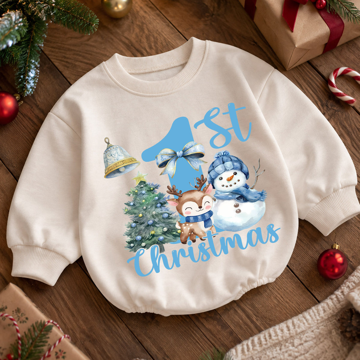 Blue 1st Christmas Baby Romper, Snowman Reindeer Christmas Tree Holiday Outfit, Winter Toddler Romper, Cute First Xmas Gift — product view 5