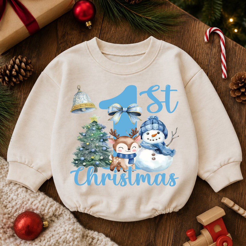 Blue 1st Christmas Baby Romper, Snowman Reindeer Christmas Tree Holiday Outfit, Winter Toddler Romper, Cute First Xmas Gift — product view 6