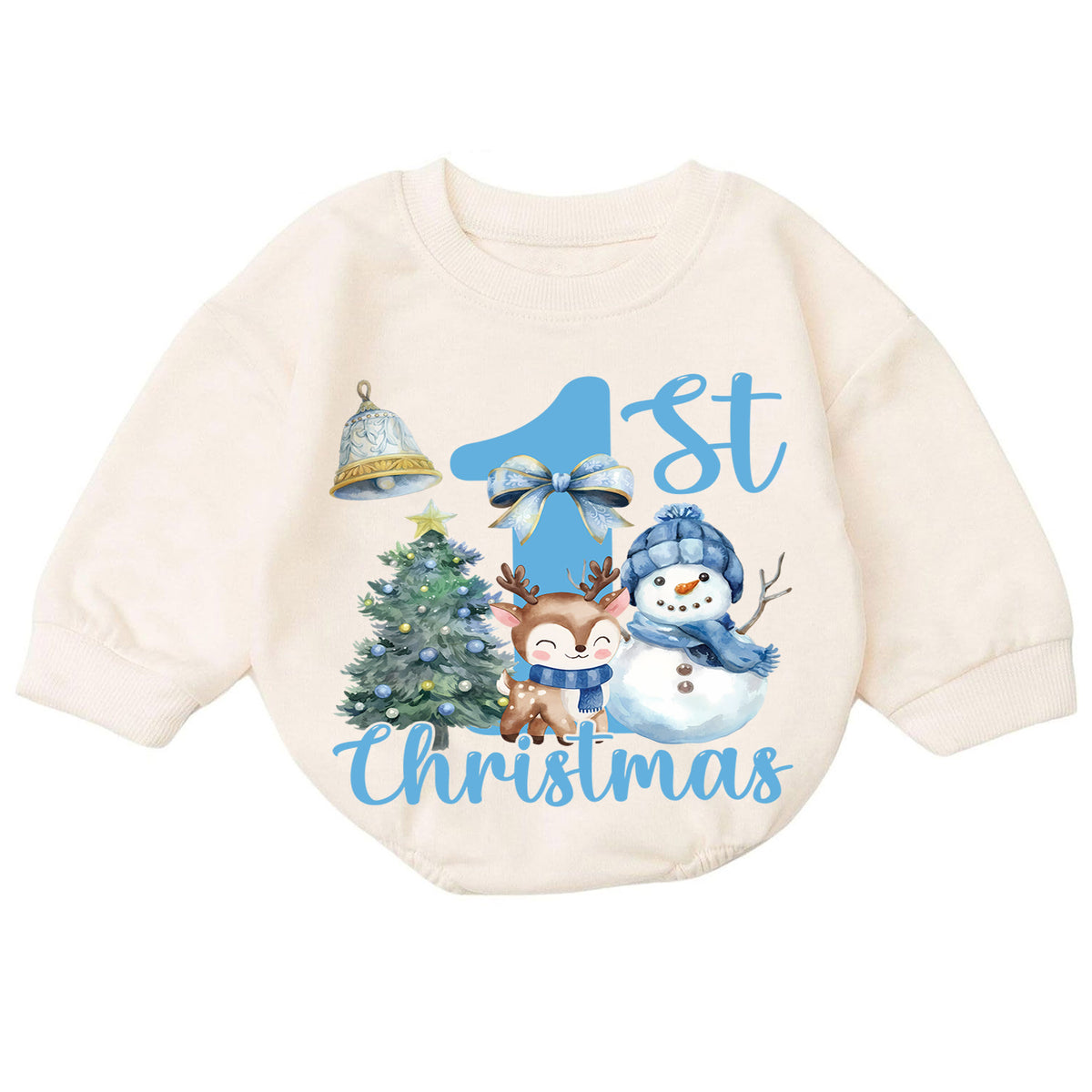 Blue 1st Christmas Baby Romper, Snowman Reindeer Christmas Tree Holiday Outfit, Winter Toddler Romper, Cute First Xmas Gift — product view 7