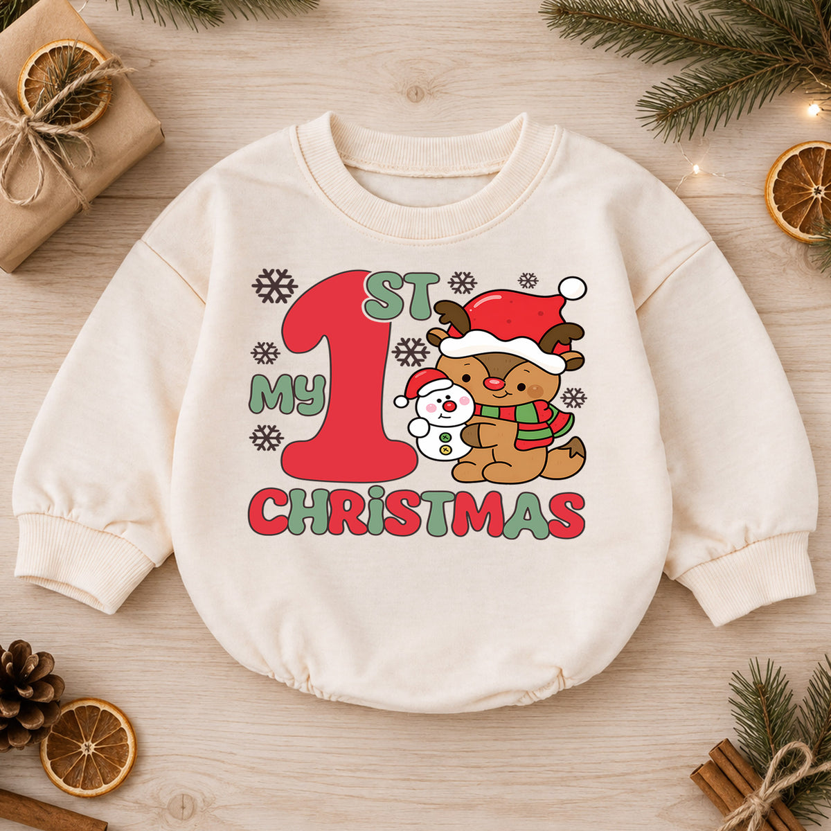Baby First Christmas Romper, Cute Reindeer Snowman Holiday Outfit, My 1st Christmas Romper, Toddler Christmas Baby Gift — product view 1