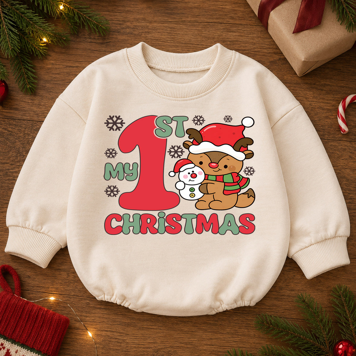 Baby First Christmas Romper, Cute Reindeer Snowman Holiday Outfit, My 1st Christmas Romper, Toddler Christmas Baby Gift — product view 2