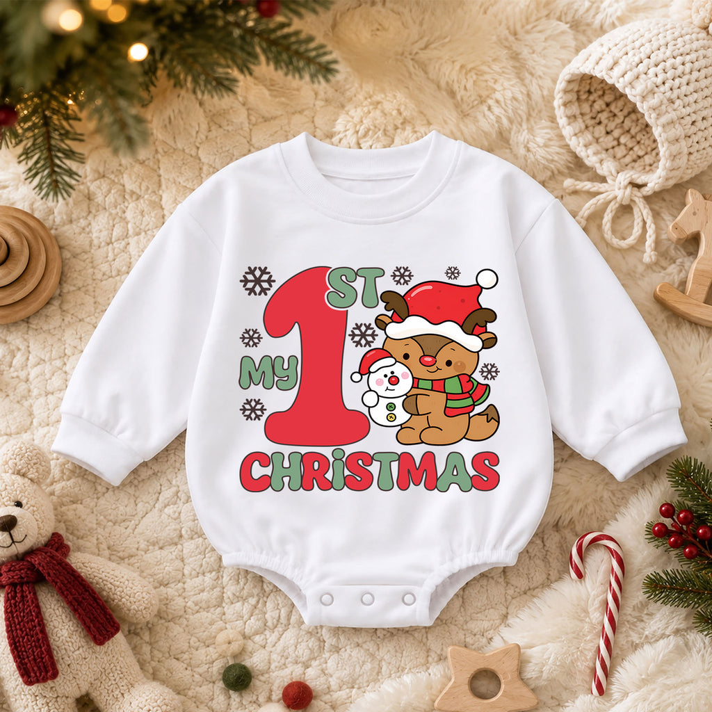 Baby First Christmas Romper, Cute Reindeer Snowman Holiday Outfit, My 1st Christmas Romper, Toddler Christmas Baby Gift — product view 3